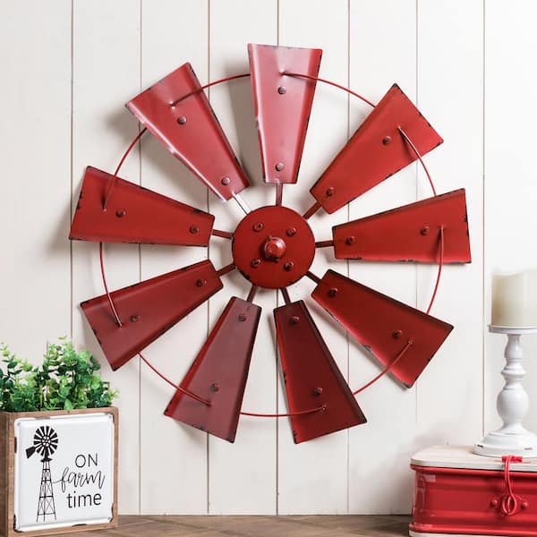 Glitzhome 22.05 in. D Vintage Red Metal Wind Spinner Wall Decor