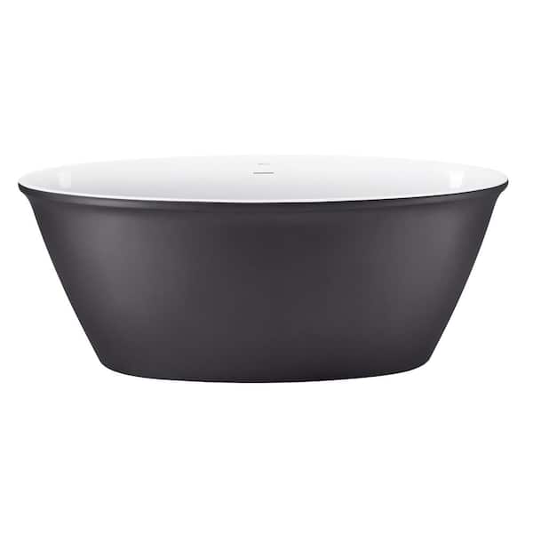 VANITYFUS 58.5 in. Acrylic Freestanding Flatbottom Soaking Bathtub in Matte Grey with Brass Drain and Overflow