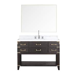 Irvington 48 in W x 22 in D Brown Oak Single Bath Vanity, Carrara Marble Top, Faucet Set, and 46 in Mirror