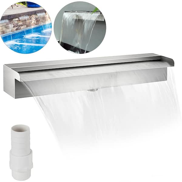 SKYSHALO Pool Fountain Stainless Steel Pool Waterfall Spillway with Pipe Connector Rectangular Garden Outdoor (17.7 in.)