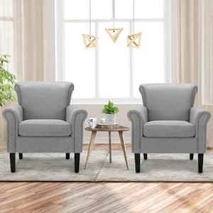Light Gray Upholstered Fabric Accent Chairs with Rubber Wood Legs (Set of 2)