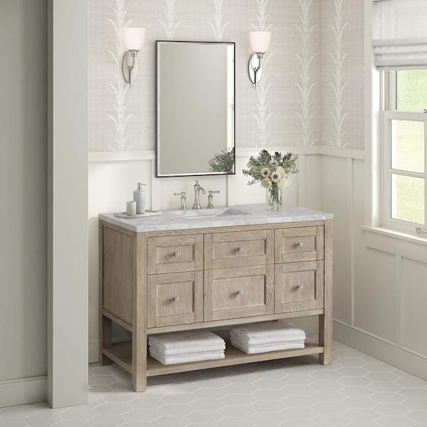 James Martin Vanities Breckenridge 48.0 in. W x 23.5 in. D x 34.18 in. H Single Bath Vanity Whitewashed Oak and Victorian Silver Quartz Top