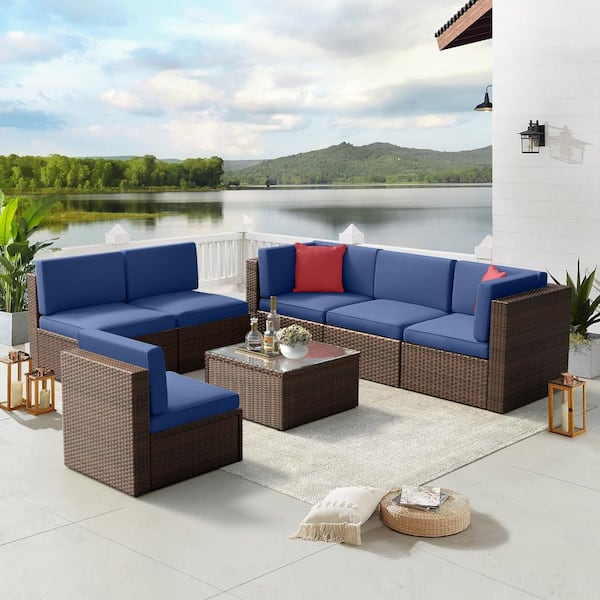Sizzim 7-Piece Brown Wicker Outdoor Sectional Set with Blue Cushions and Coffee Table