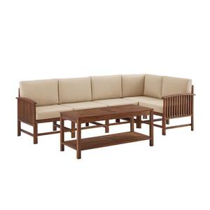 Dark Brown 6-Piece Acacia Classic Patio Corner Sectional Seating Conversation Set with Ivory Cushions