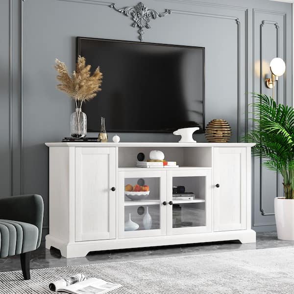 Polibi 59.80 in. W White TV Stand Fits TV up to 65 in. with 2 Tempered ...