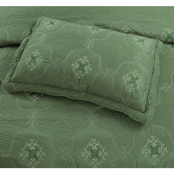 MarCielo 3 Piece Quilted Embroidery Quilts Bedspreads Set Emma Queen - Sage