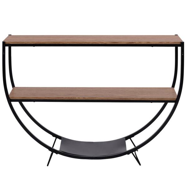 Rustic Industrial Design 48 In H Brown Demilune Shape Wood Console Table With Storage Shelf Yymd Mby 60 Rustic Industrial Design 48 In H Brown, Industrial Slatted Wood Console Table