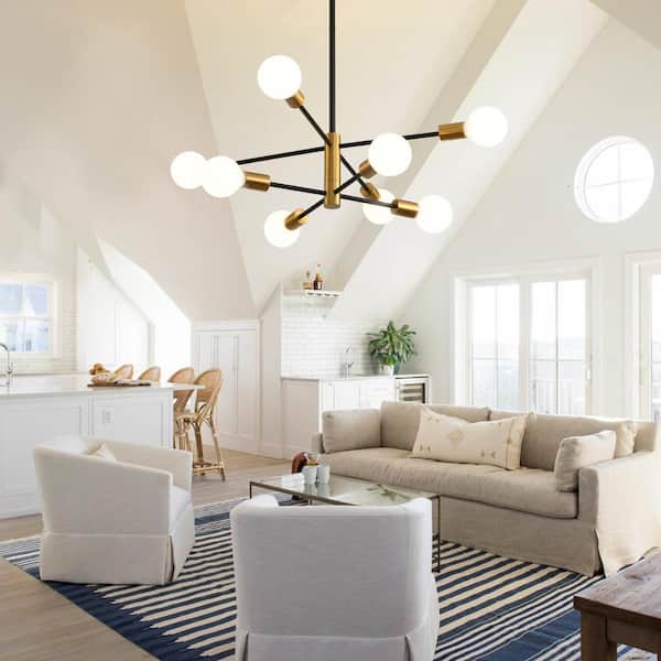 8-Light Modern Height Adjustable Sputnik Chandelier Black and Gold for Bedroom Living Room Dining Room Kitchen Foyer