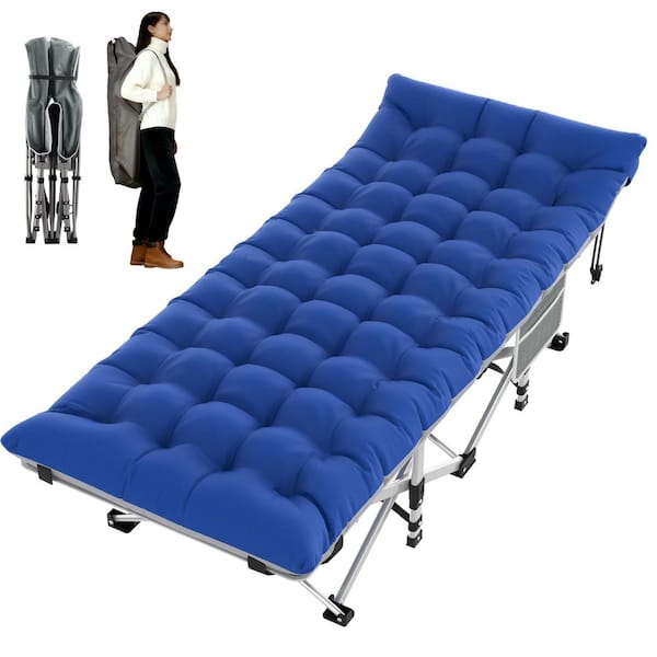SEEUTEK Oversized Folding Camping Cot Metal 1-Piece Metal Heavy-Duty Outdoor Chaise Lounge with Blue Cushions