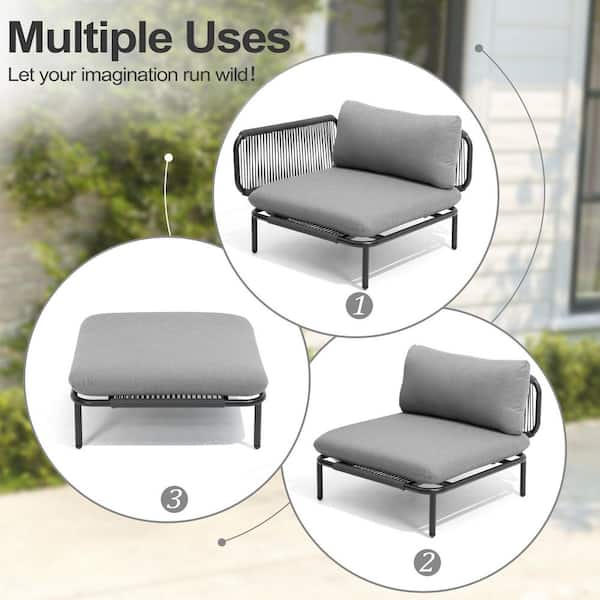 6-Piece All-Weather Metal Corner Outdoor Sectional Chair with Dark Gray Cushion Patio Conversation Seating with Armrests