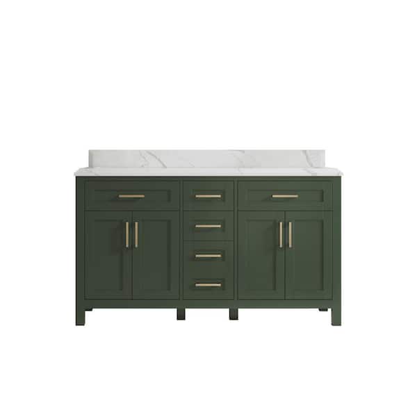 Willow Collections Cambridge 60 in. W x 22 in. D x 36 in. H Double Sink Bath Vanity in Pewter Green with Cove Edge Calacatta Quartz Top