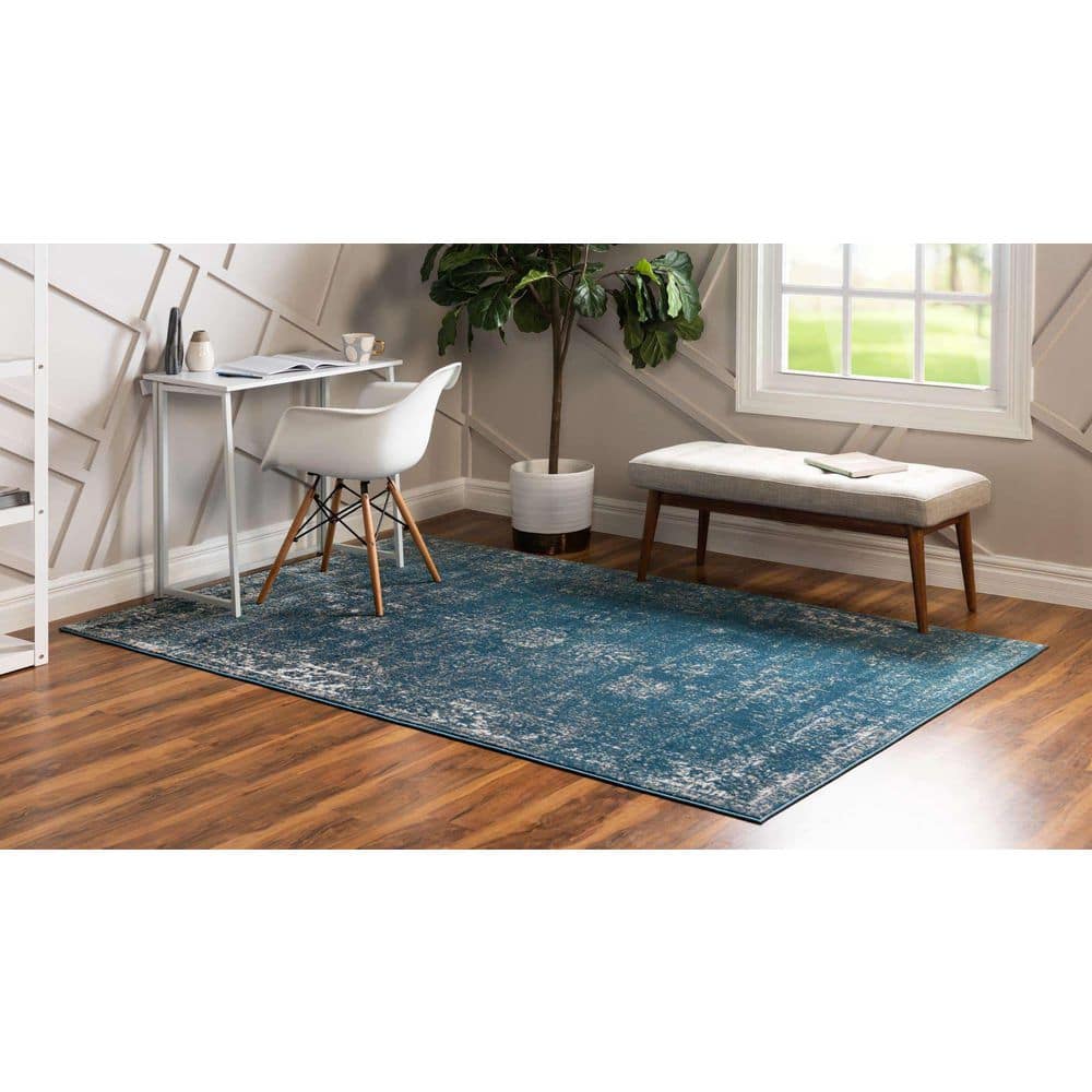 Blue Rectangular Easy Care Stain-Resistant Indoor Area Rug