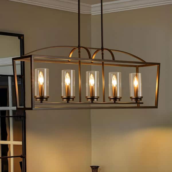 RRTYO Lakeyah 5-Light Metal Industrial Lantern Linear Chandelier for Kitchen Island with Cylindrical Glass Shade