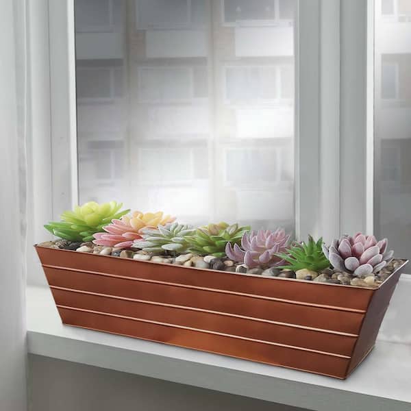 Benjara 11.5 in. L x 35.5 in. W x 9.3 in. H Rectangular Copper Metal Flower Planter Box with Embossed Line Design