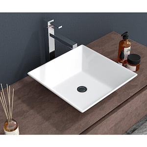 16 in. L x 16 in. W x 5 in. D White Ceramic Square Bathroom Vessel Sink