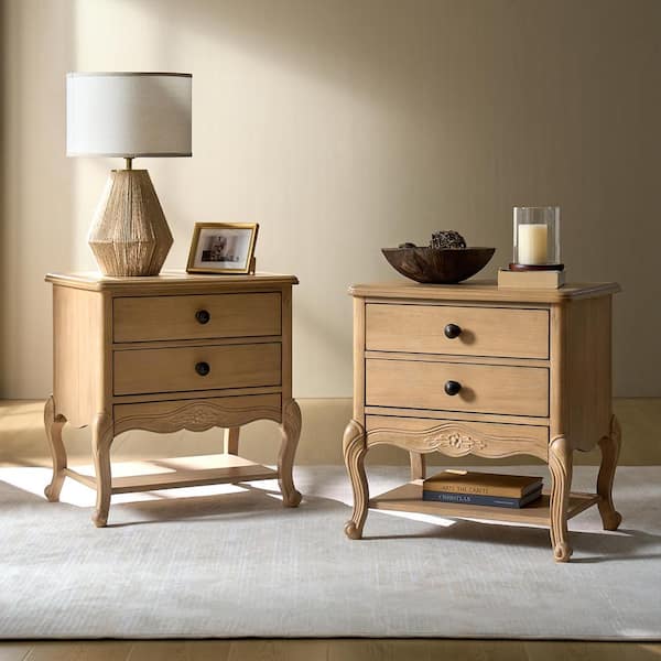 Nancy Natural 18.25 in. W Traditional 3-Drawer Nightstand with Solid wood legs and Built-in Power Outlet(Set of 2)