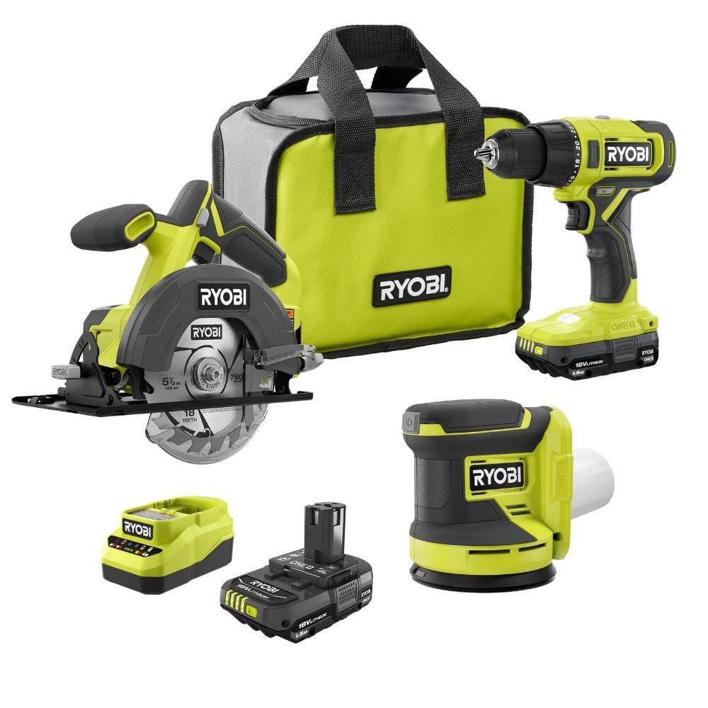 RYOBI ONE+ 18V Cordless 2-Tool Combo Kit w/ Drill/Driver, Circular Saw, (2) 1.5 Ah Batteries, Charger, & FREE Sander PCL1201K2-PCL406B