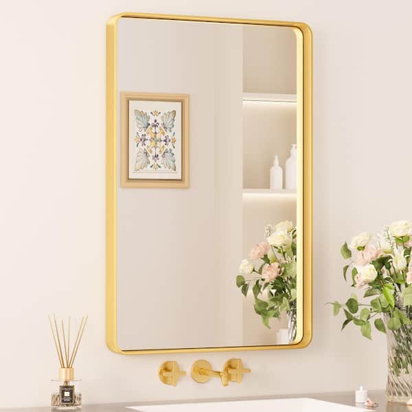 KeonJinn 20 in. W x 30 in. H Modern Rectangular Aluminum Framed Wall Bathroom Vantiry Mirror in Brush Gold