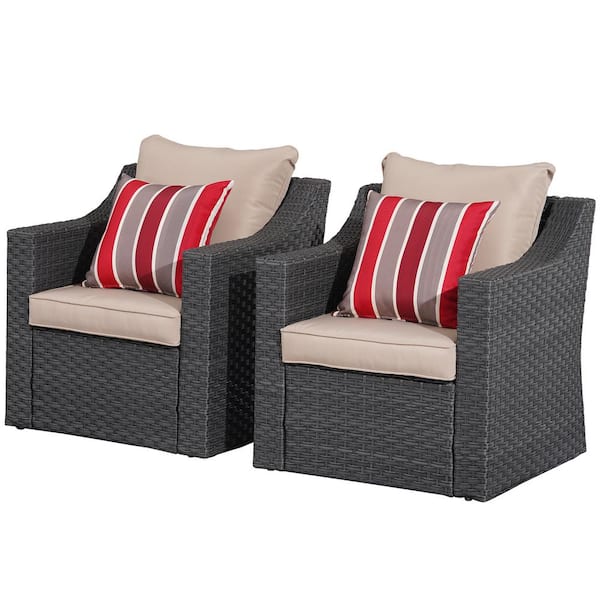 Sudzendf Black Wicker 2 Outdoor Recliner Chair with Beige Cushion