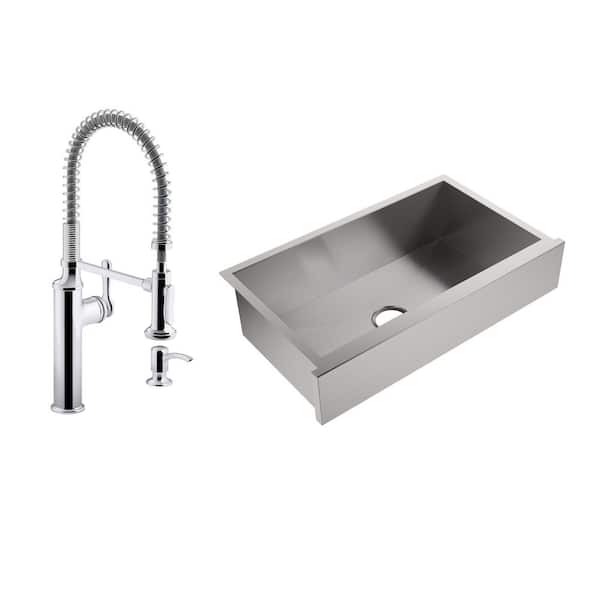 KOHLER Lyric Farmhouse Apron-Front 18 ga. Stainless Steel 34 in. Single Bowl Kitchen Sink with Sous Kitchen Faucet