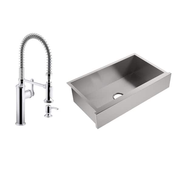 KOHLER Lyric Farmhouse Apron-Front 18-Gauge Stainless Steel 34 in. Single Bowl Kitchen Sink with Sous Kitchen Faucet