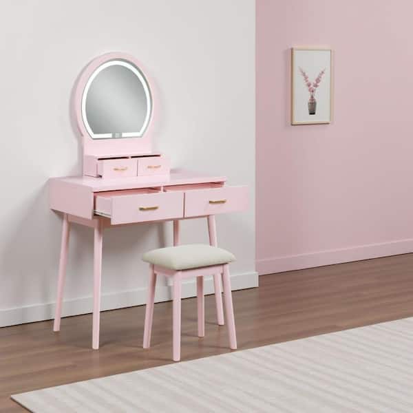 Anvy 2-Piece Pink Wood Makeup Vanity Set with 4 Drawers