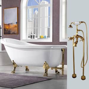 Salem 67 in. Heavy Duty Acrylic Slipper Clawfoot Bath Tub in White Faucet, Claw Feet, Drain & Overflow in Polished Gold