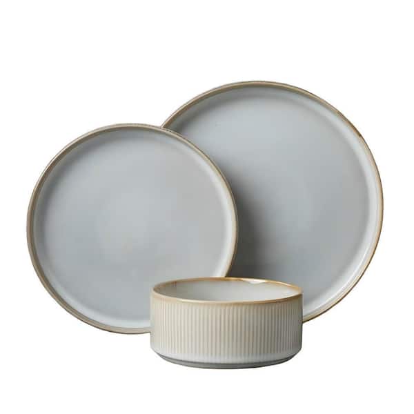 12-Piece Ribbed Glossy Neutral Fine Stoneware Dinnerware Set (Service for 4), Chip and Scratch Resistant, in White