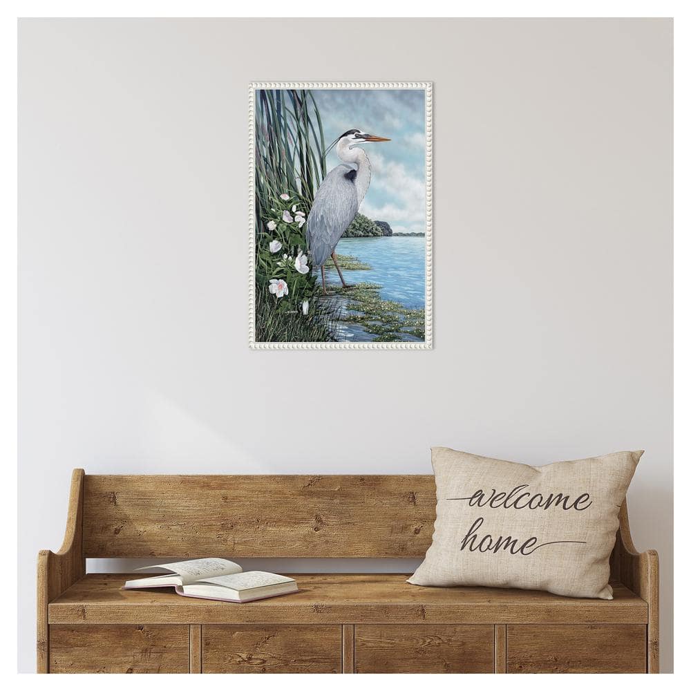 Great Blue Heron Coastal Scene Canvas Wall Art with White Frame