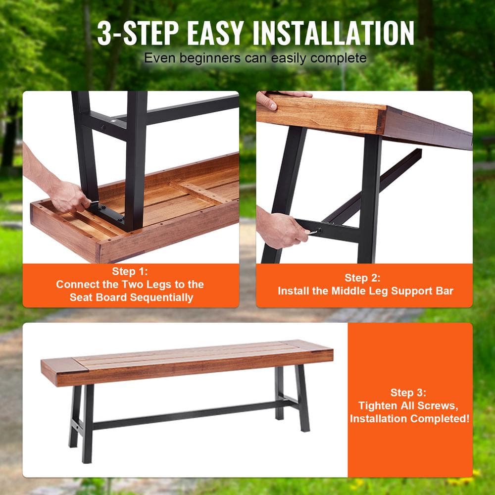 63-Inch Brown Wood and Black Metal Outdoor Bench