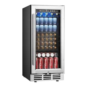 15 in. Single Zone 127-Cans Undercounter Freestanding/Built-in Beverage and Wine Cooler in Black, Visible Glass Door