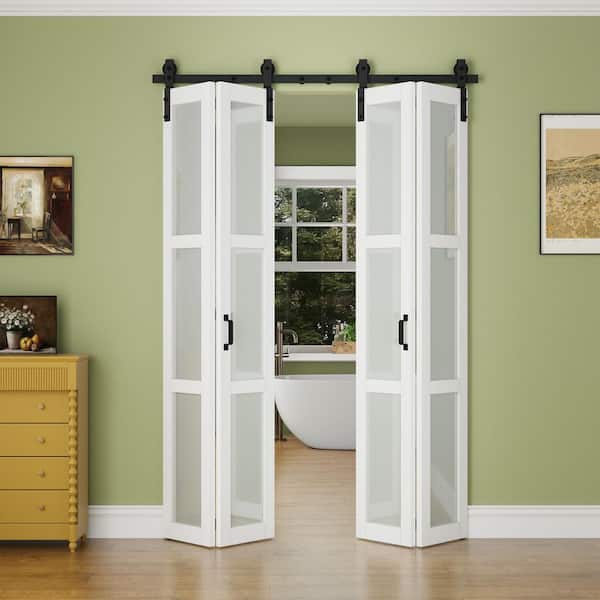 50 in. x 84 in. 3-Lite Tempered Frosted Glass White Finished Glass Bi-Fold Sliding Barn Door with Hardware Kit