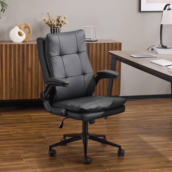 Winado Faux Leather Fabric with Foot Pegs Swivel Adiustable Height Task Chair in Black with Adjustable Arms