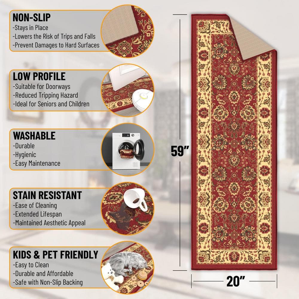 Ottomanson Red and Beige Synthetic Oriental Runner Rug, 20" x 59"