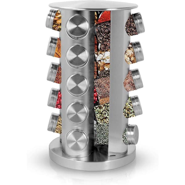 Revolving 20-Jar Countertop Spice Rack, Stainless Steel Silver Finish