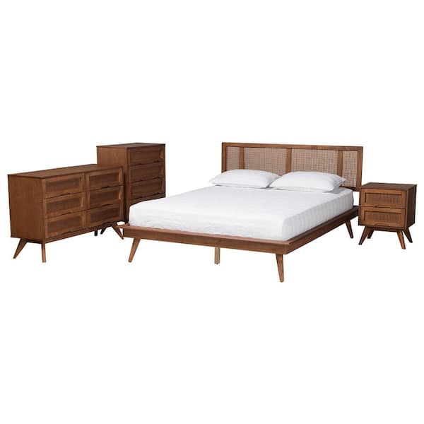 Baxton Studio Nura 4-Piece Walnut Brown Wood Full Bedroom Set
