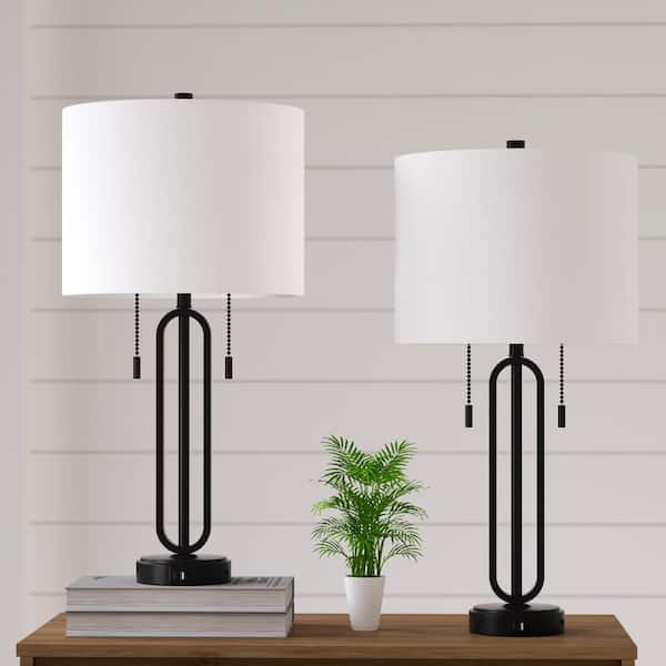 Cincinati 26.5 in. Black Modern Metal Bedroom Living Room Bedside Desk Nightstand Table Lamps Usb Port Set of 2
