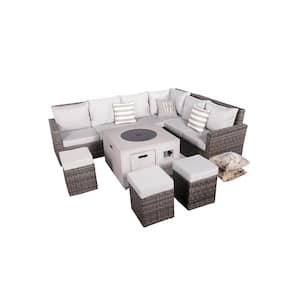 Tilia 8-Pieces Rock and Fiberglass Fire Pit Table Conversation Set with Gray Cushions and Storage Boxes