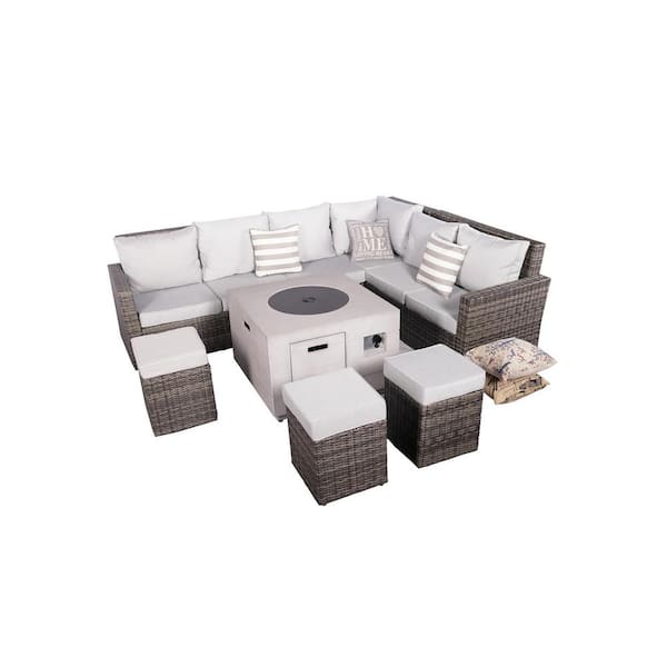 moda furnishings Tilia 8-Pieces Rock and Fiberglass Fire Pit Table Conversation Set with Gray Cushions and Storage Boxes