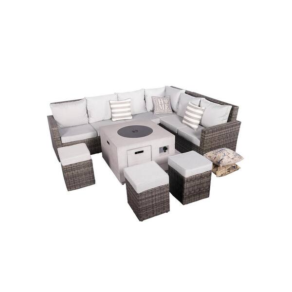 moda furnishings Tilia 8-Pieces Rock and Fiberglass Fire Pit Table Conversation Set with Gray Cushions and Storage Boxes