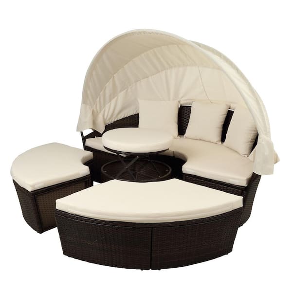 Tatayosi 4-Piece Rattan Round Outdoor Sectional Sofa Set Daybed Sunbed with Beige Retractable Canopy with Cushion