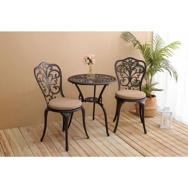 Unbranded 3-Piece Rust-Resistant Cast Aluminum Patio Outdoor Bistro Set Rust-Proof Furniture Set with Khaki Cushion