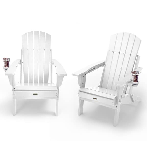 Mximu White HDPE Outdoor Folding Plastic Adirondack Chair with Cupholder(2-Pack)