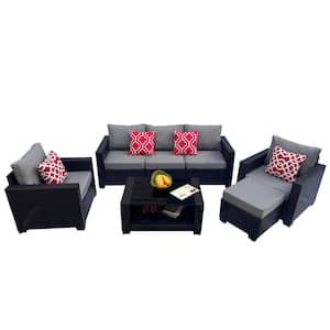 7-Piece Wicker Outdoor Sectional Set, Patio Rattan Sofa Set with Gray Cushions and Coffee Table for Garden Lawn Backyard