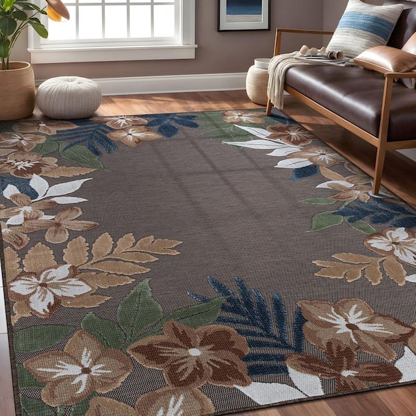 Eden 9 ft. x 12 ft. Brown  Washable Border Floral Indoor Outdoor Area Rug