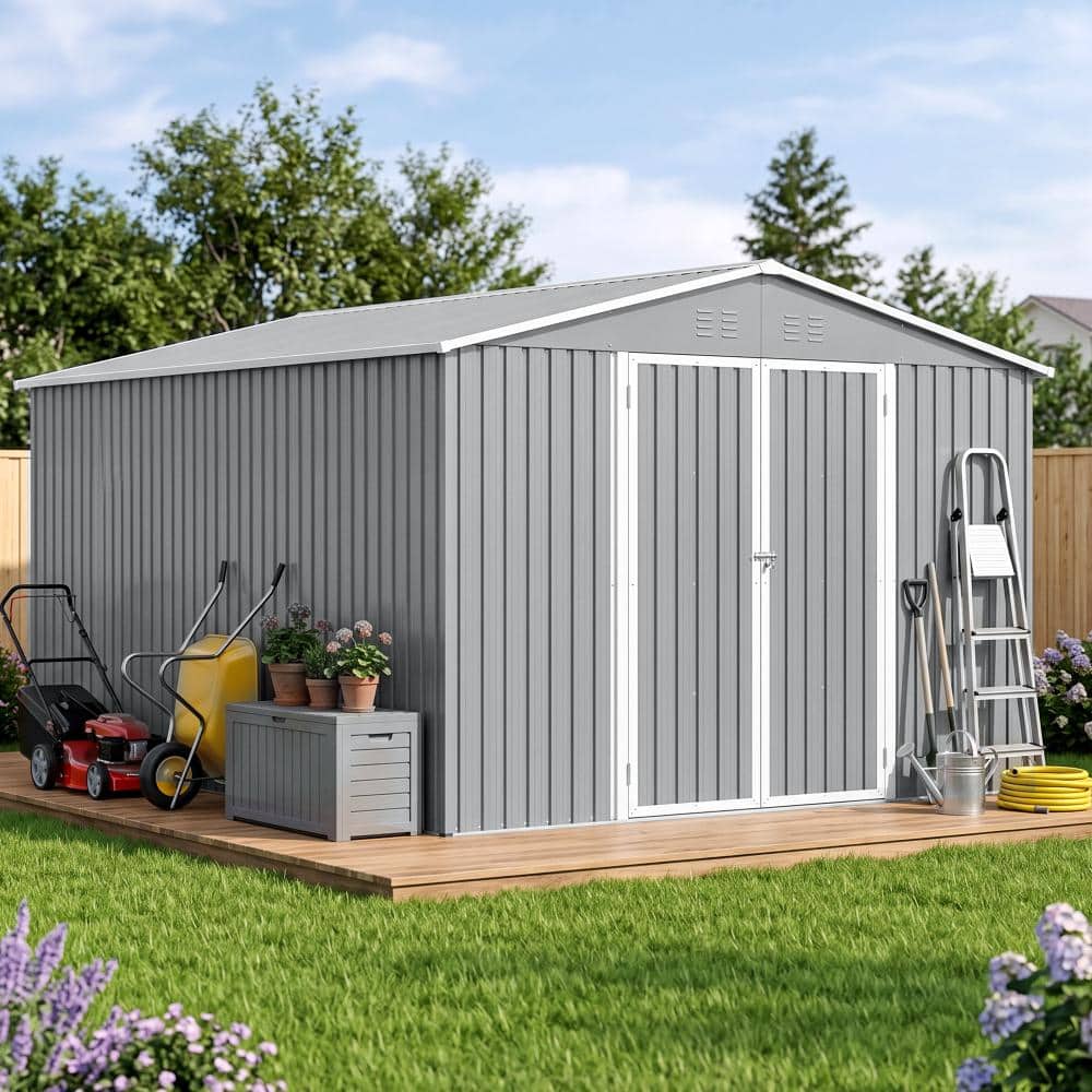 10x12 FT Outdoor Storage Shed with Floor Frame Kit, Galvanized Steel Garden Shed with Double Lockable Doors, Gray price history on PriceWatchPro