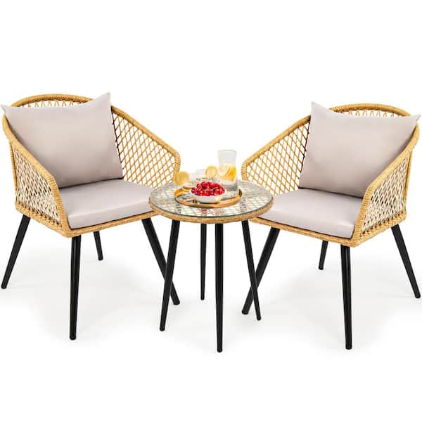 DEXTRUS 3-Piece Wicker Outdoor Bistro Set with Light Yellow Glass Table and Chair Seat Cushion