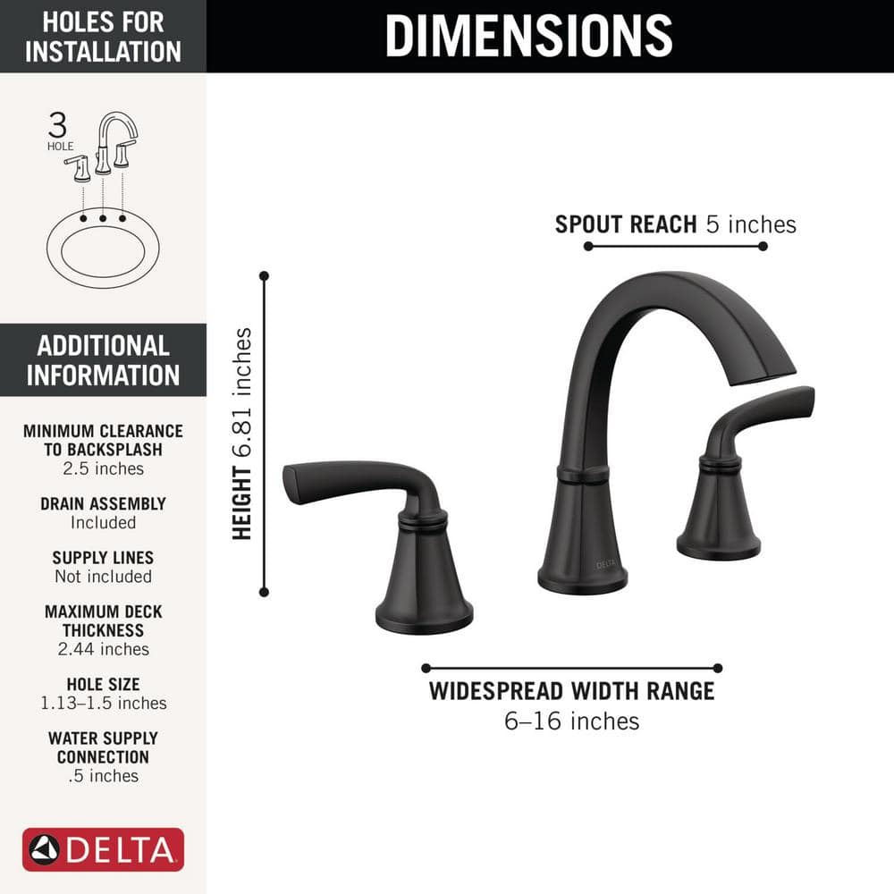 Delta Geist Matte Black Widespread Bathroom Faucet with Ceramic Disc Valve