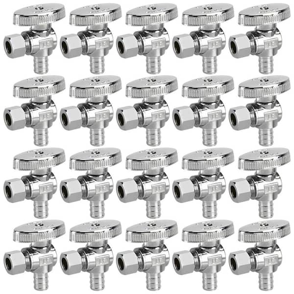 20-Piece Bathroom Accessory Set in Chrome, Stop Valves, 1/4 Turn Angle Valve, 3/8 in. OD Compression × 1/2 in. PEX