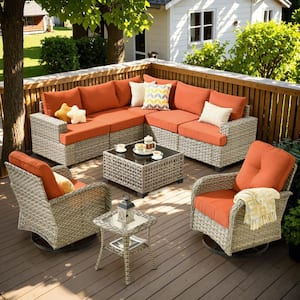 Vinceny Gray 9-Piece Wicker Patio Conversation Seating Set with Orange Red Cushions and Swivel Chairs